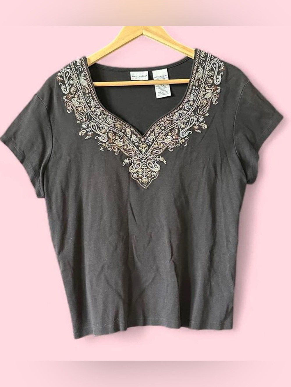 White Stag Black Short-Sleeve V-Neck Top with Embroidered Detail